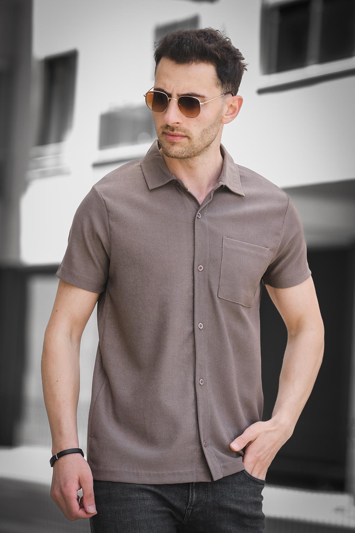 Theo Slim Fit Esnek Likralı Kısa Kol Ayaklı Yaka Erkek Gömlek