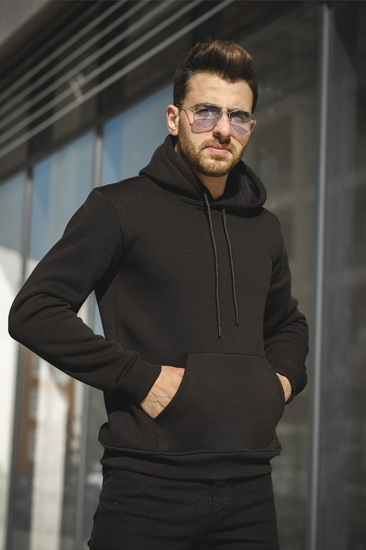 Janvier Dar Kesim Üç İplik Şardonlu Kapüşonlu Basic Erkek Sweatshirt