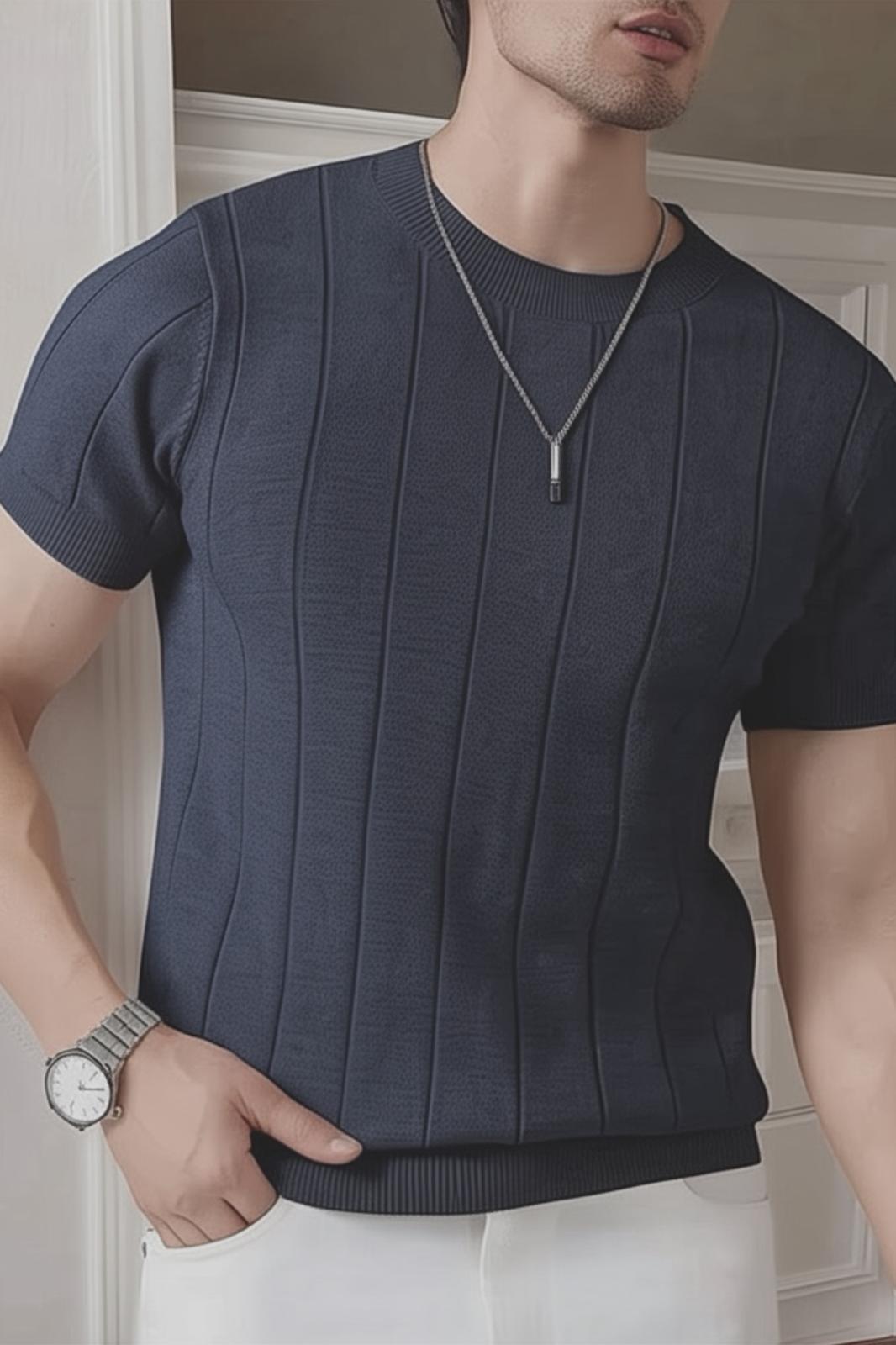 Toro Çizgili Likralı Slim Fit Bisiklet Yaka Örme Erkek Triko Tshirt