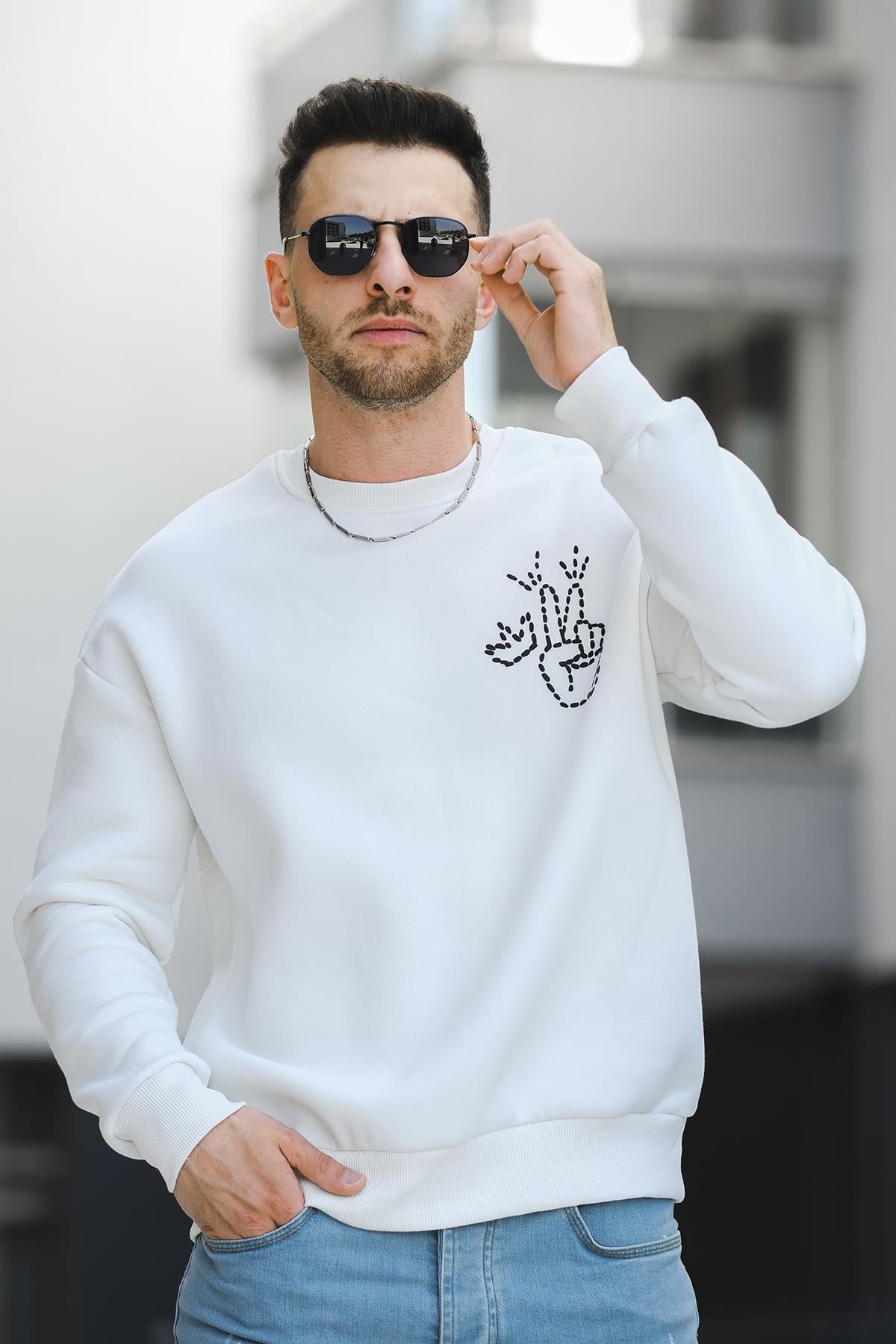 Trc 2719 Üç İplik Şardonlu Sırt Baskılı Bisiklet Yaka Oversize Erkek Sweatshirt
