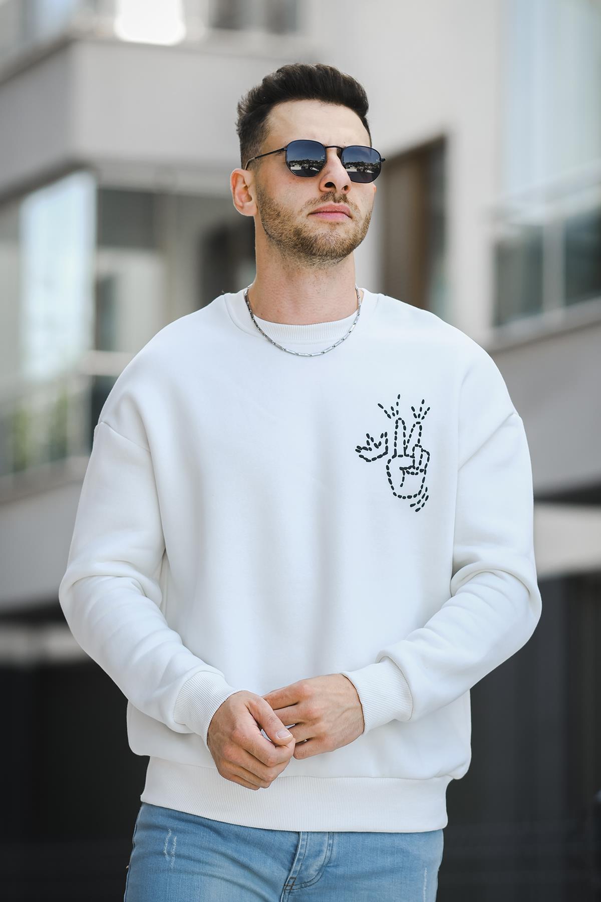 Trc 2719 Üç İplik Şardonlu Sırt Baskılı Bisiklet Yaka Oversize Erkek Sweatshirt