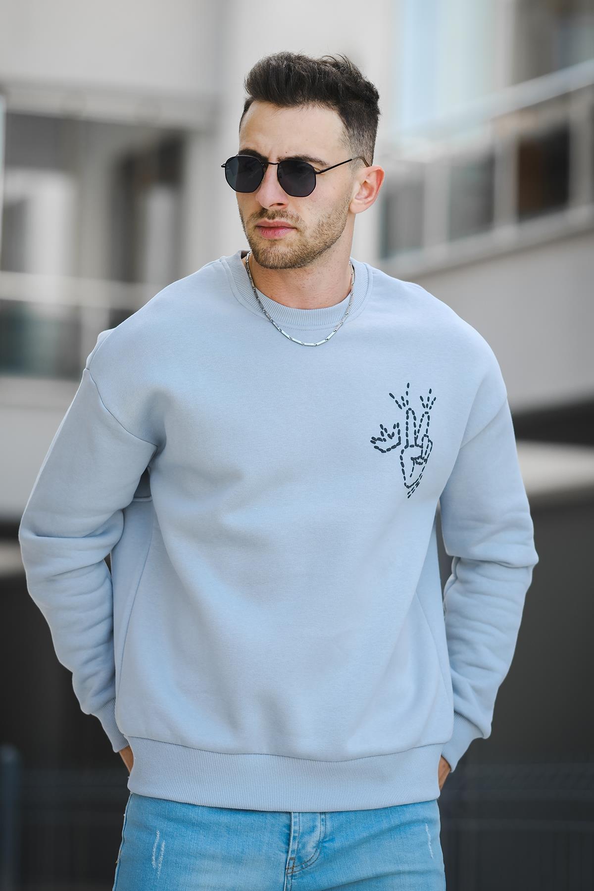 Trc 2719 Üç İplik Şardonlu Sırt Baskılı Bisiklet Yaka Oversize Erkek Sweatshirt
