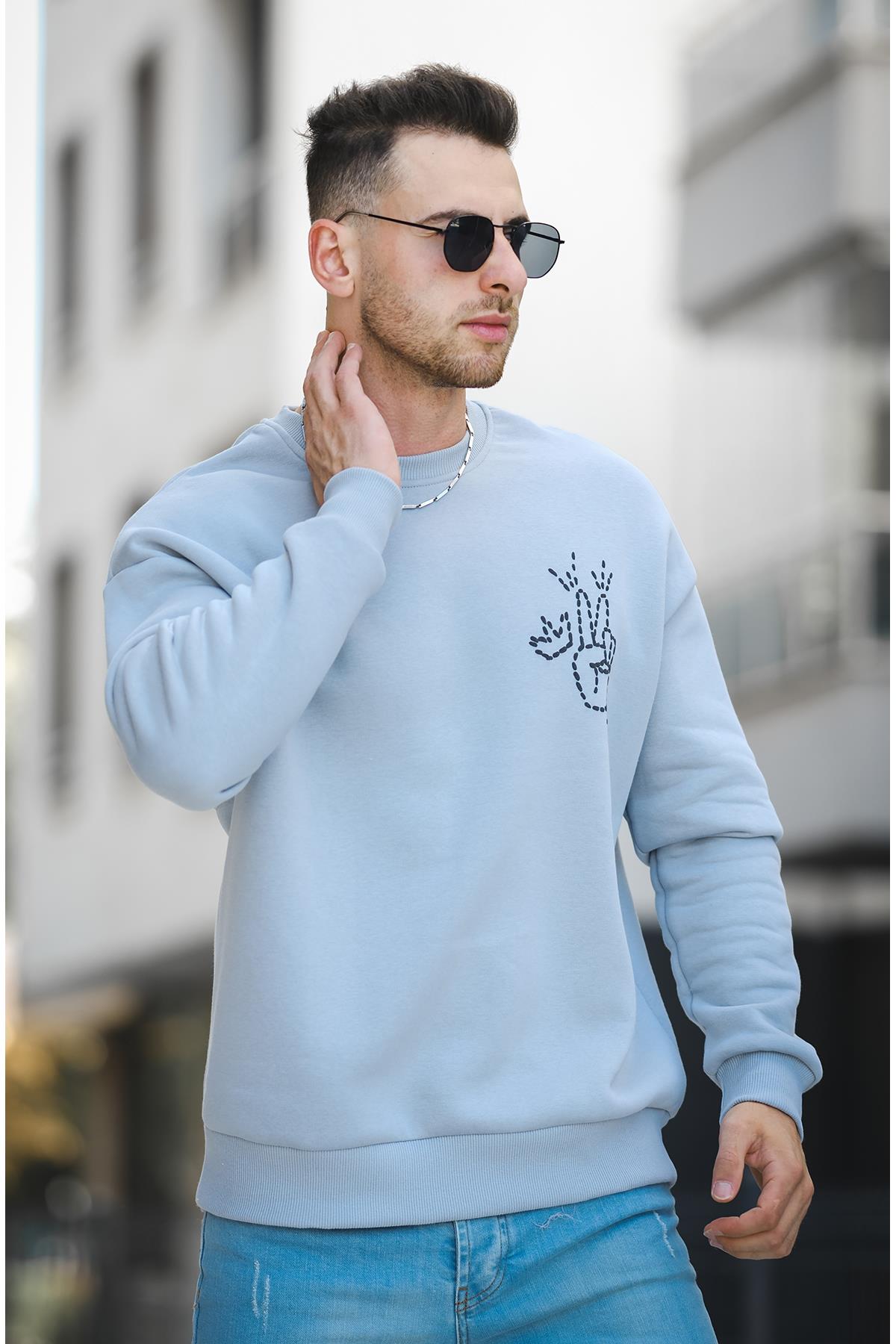Trc 2719 Üç İplik Şardonlu Sırt Baskılı Bisiklet Yaka Oversize Erkek Sweatshirt