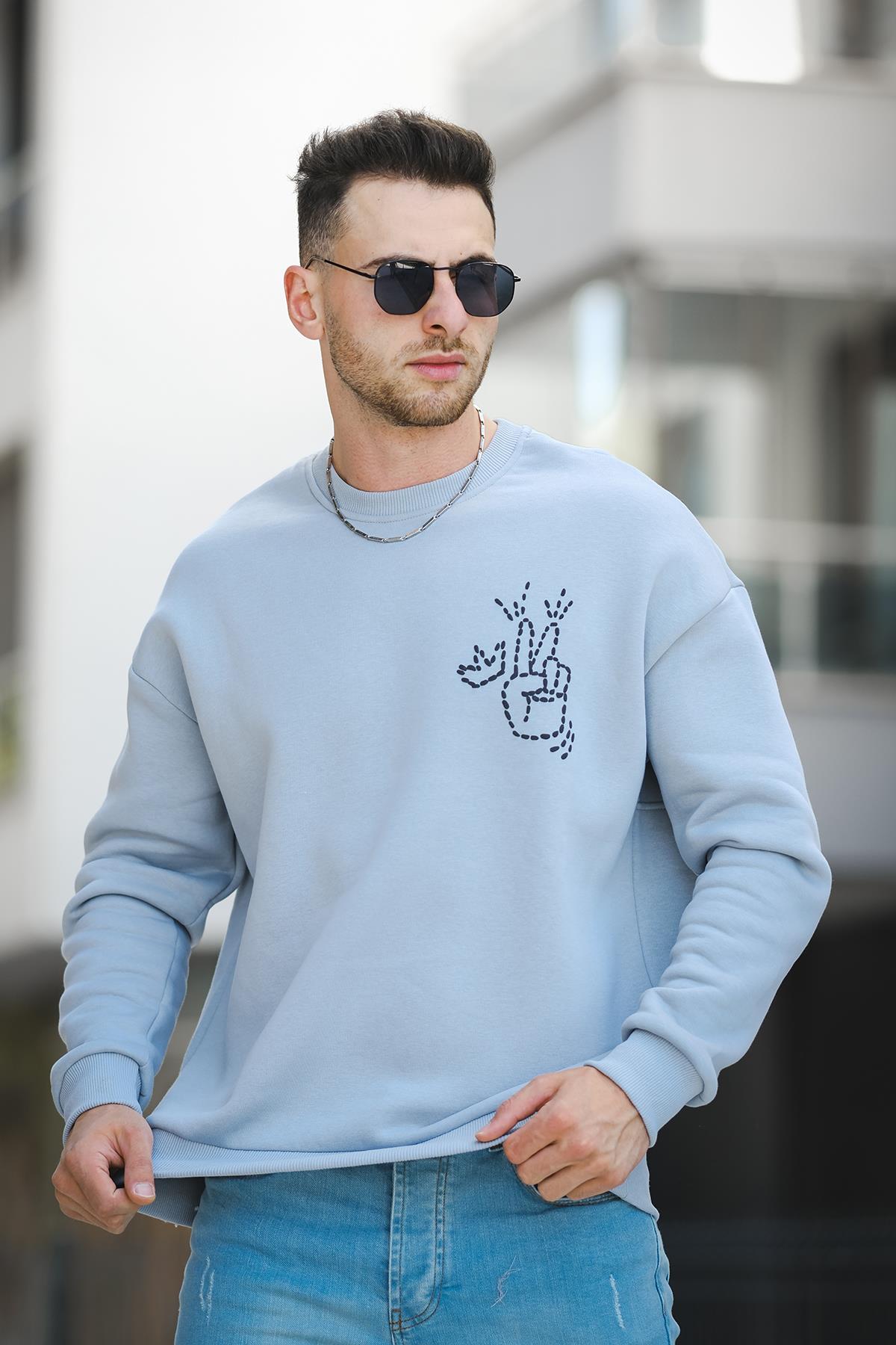 Trc 2719 Üç İplik Şardonlu Sırt Baskılı Bisiklet Yaka Oversize Erkek Sweatshirt