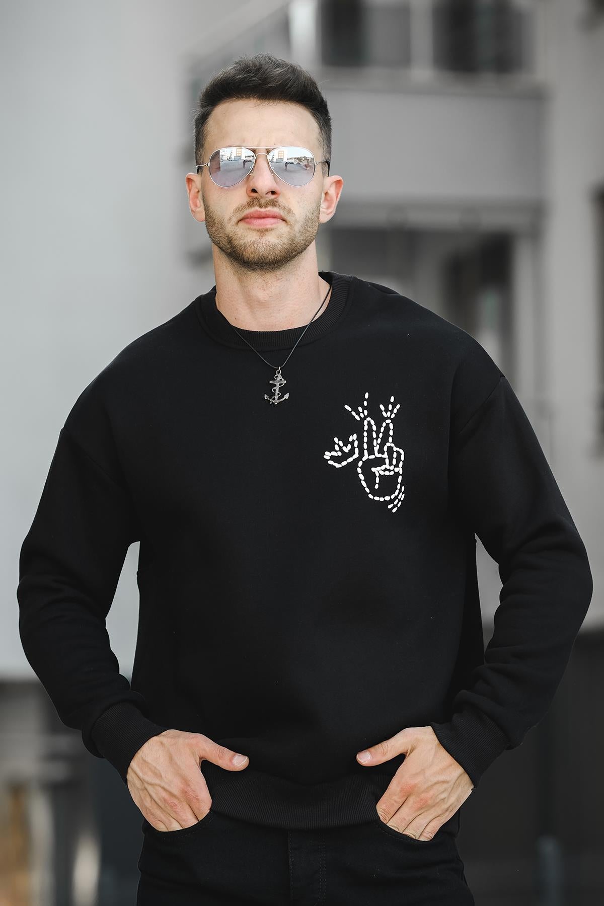 Trc 2719 Üç İplik Şardonlu Sırt Baskılı Bisiklet Yaka Oversize Erkek Sweatshirt