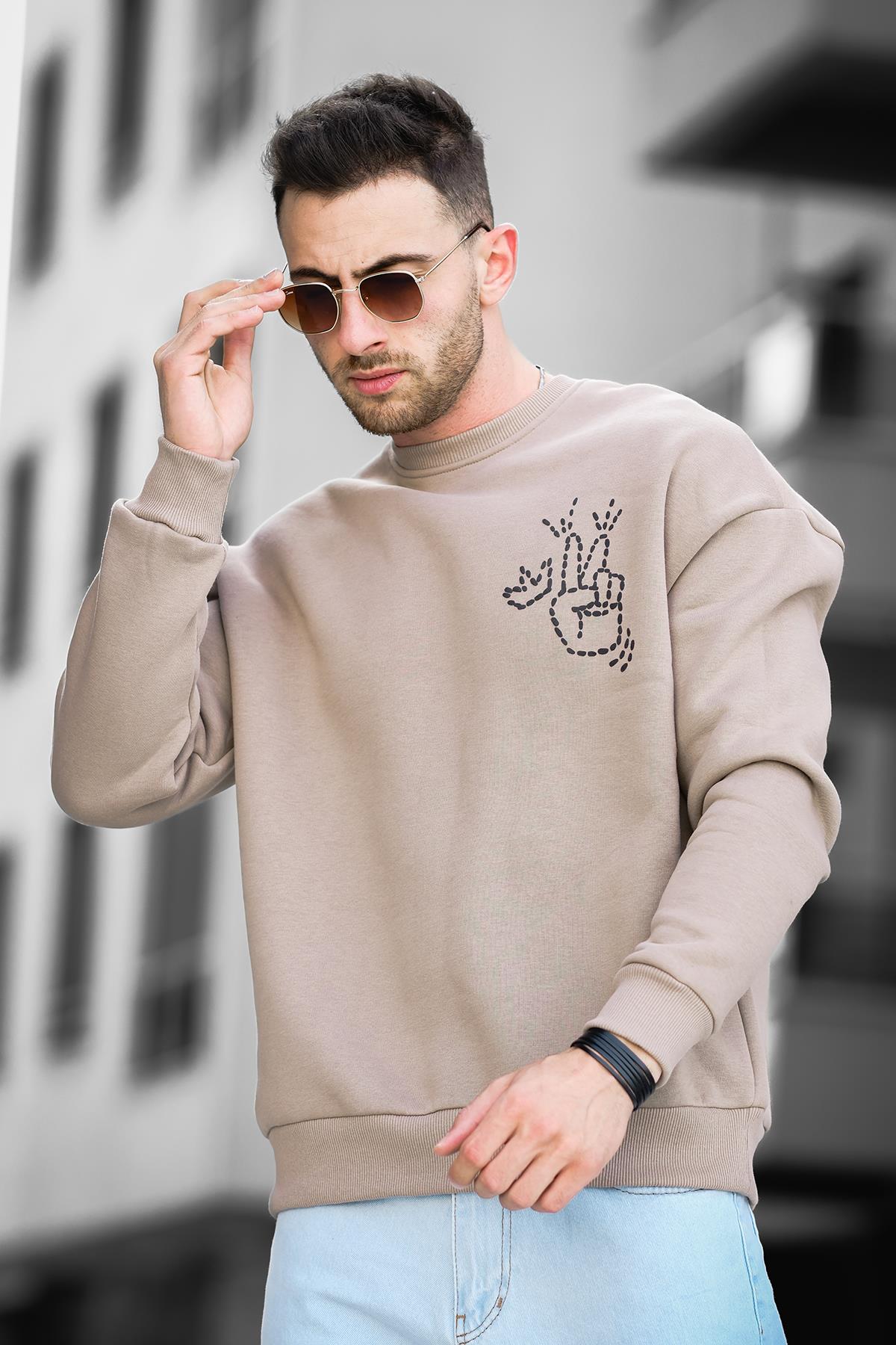 Trc 2719 Üç İplik Şardonlu Sırt Baskılı Bisiklet Yaka Oversize Erkek Sweatshirt