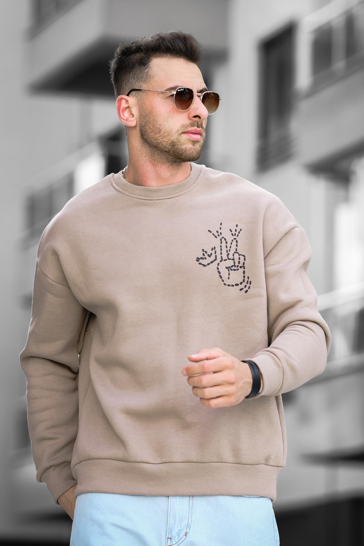 Trc 2719 Üç İplik Şardonlu Sırt Baskılı Bisiklet Yaka Oversize Erkek Sweatshirt