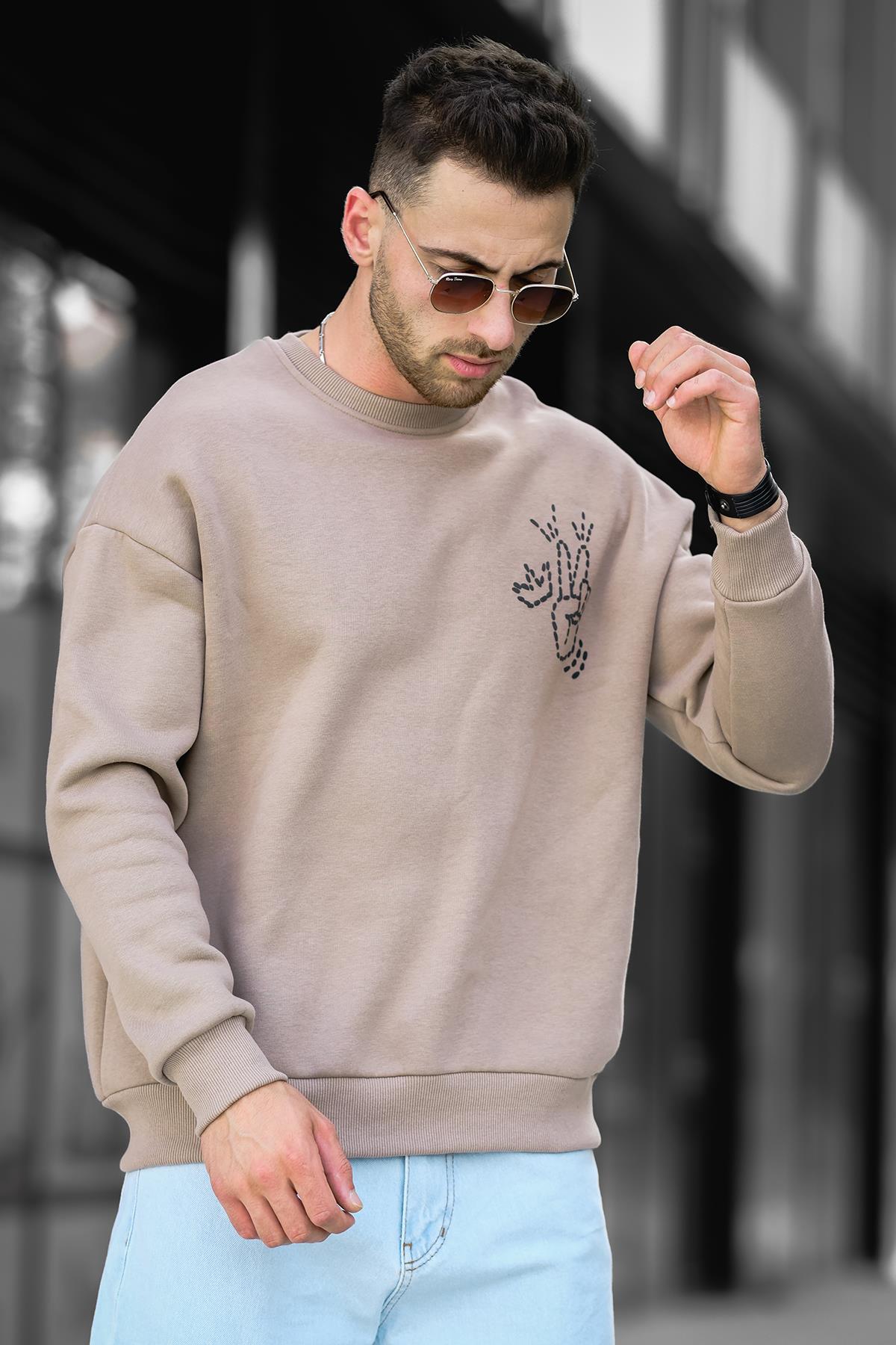 Trc 2719 Üç İplik Şardonlu Sırt Baskılı Bisiklet Yaka Oversize Erkek Sweatshirt