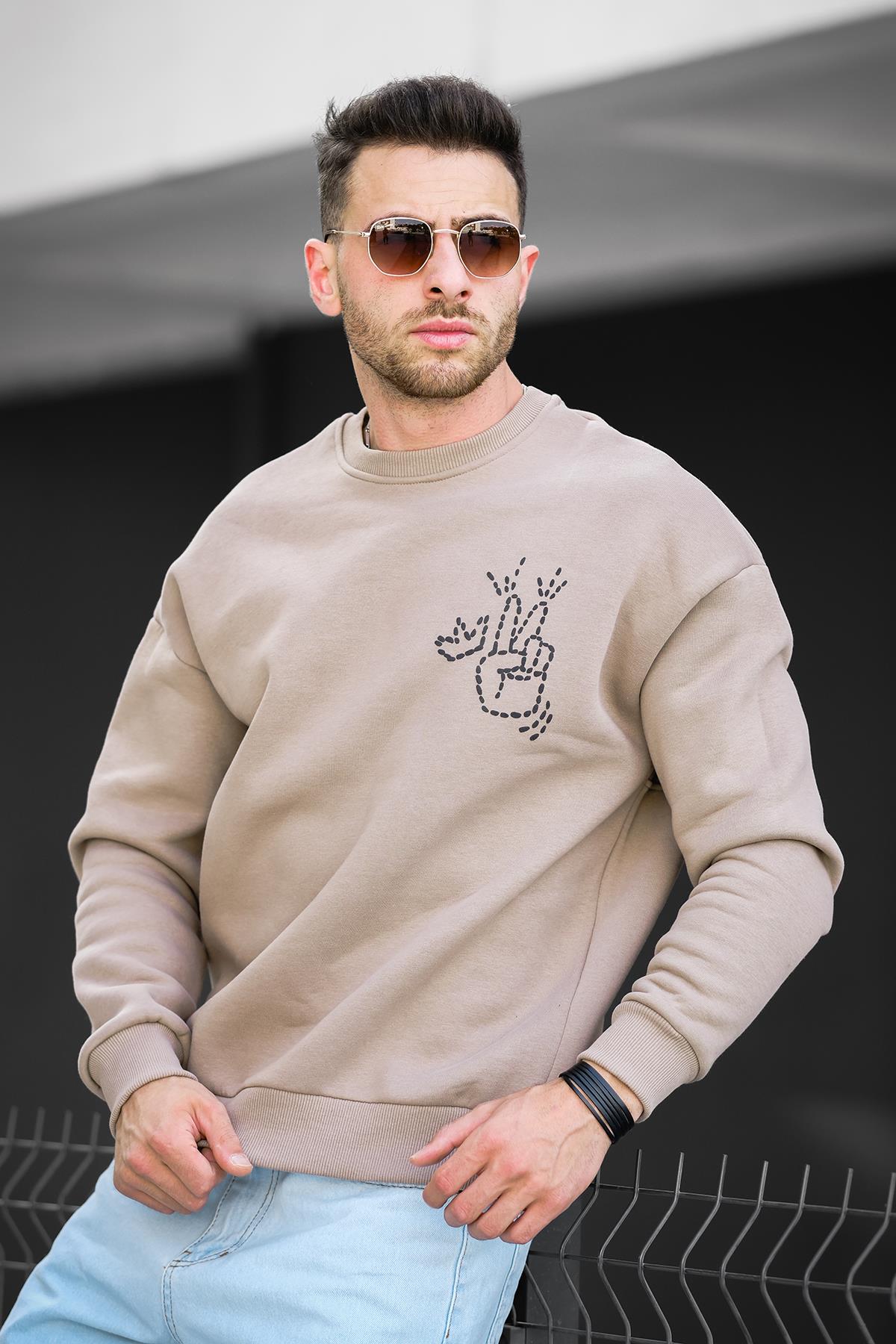 Trc 2719 Üç İplik Şardonlu Sırt Baskılı Bisiklet Yaka Oversize Erkek Sweatshirt