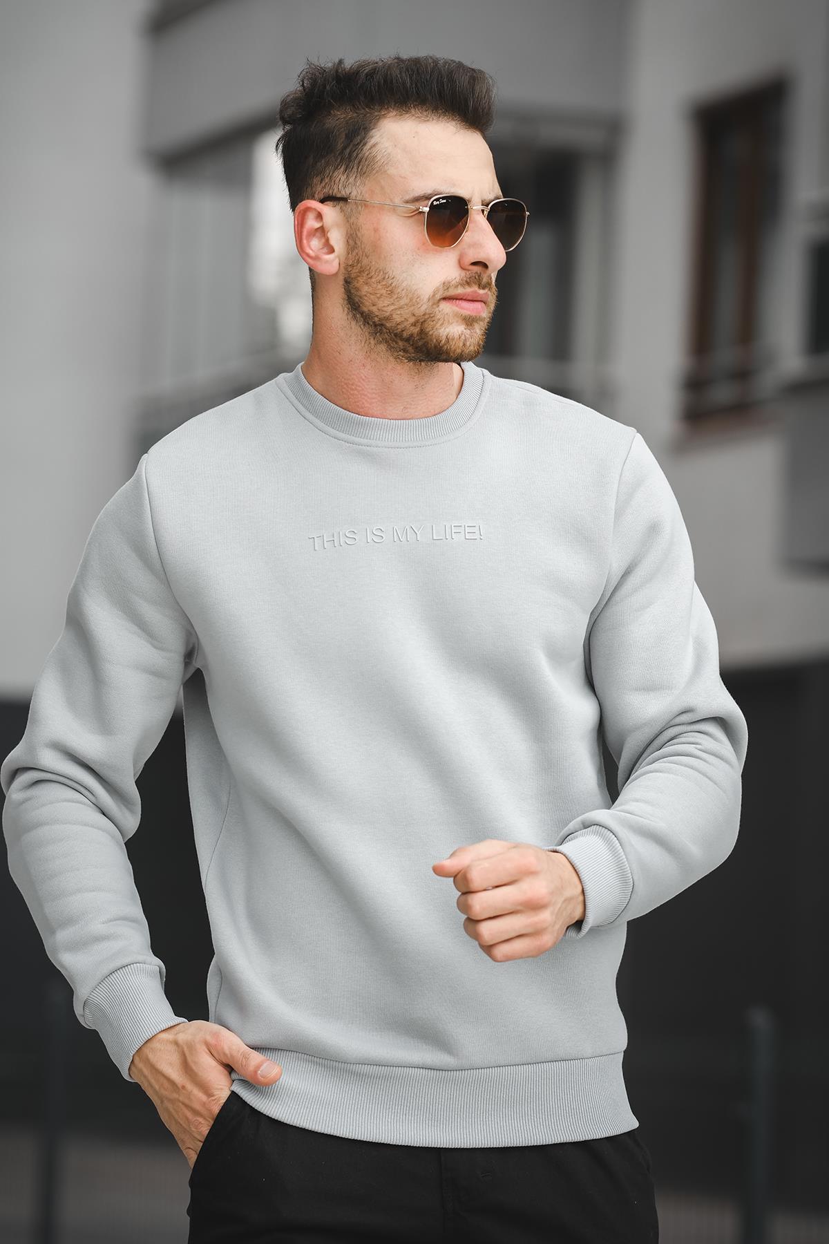 Trc 2737 Üç İplik Şardonlu Kabartma Baskılı Bisiklet Yaka Erkek Sweatshirt