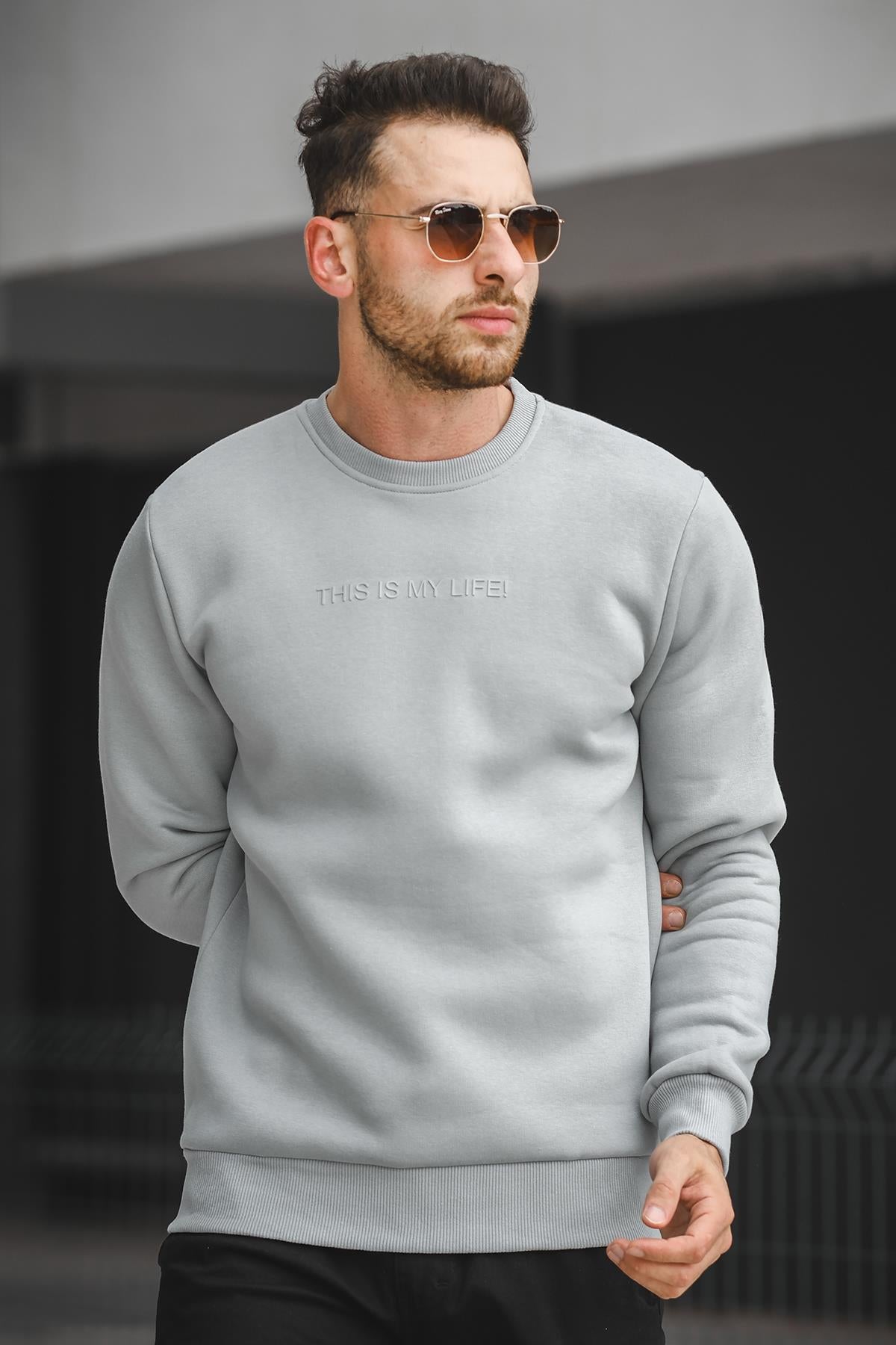 Trc 2737 Üç İplik Şardonlu Kabartma Baskılı Bisiklet Yaka Erkek Sweatshirt