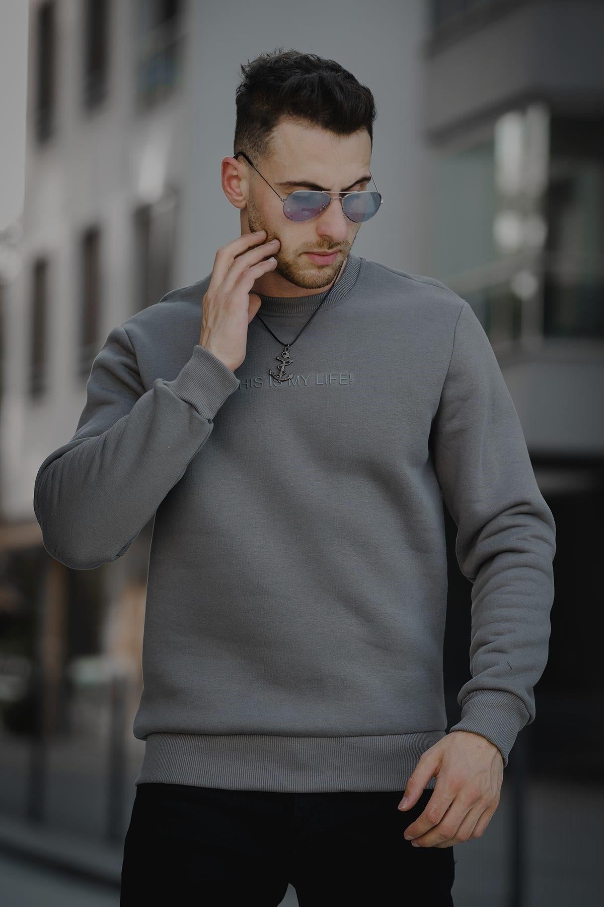 Trc 2737 Üç İplik Şardonlu Kabartma Baskılı Bisiklet Yaka Erkek Sweatshirt