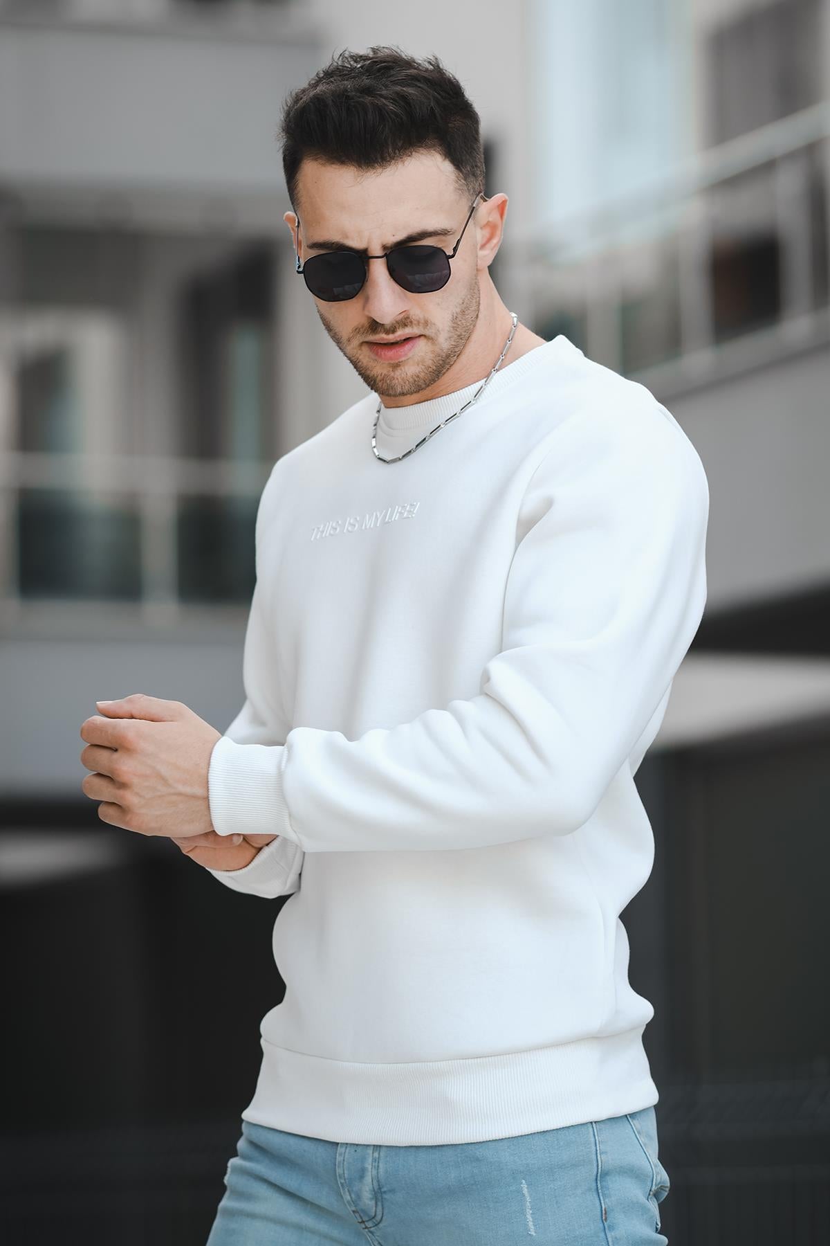 Trc 2737 Üç İplik Şardonlu Kabartma Baskılı Bisiklet Yaka Erkek Sweatshirt