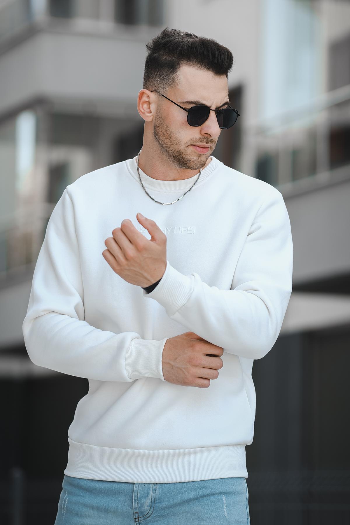Trc 2737 Üç İplik Şardonlu Kabartma Baskılı Bisiklet Yaka Erkek Sweatshirt