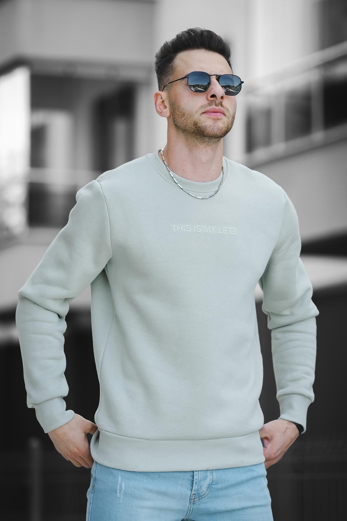 Trc 2737 Üç İplik Şardonlu Kabartma Baskılı Bisiklet Yaka Erkek Sweatshirt