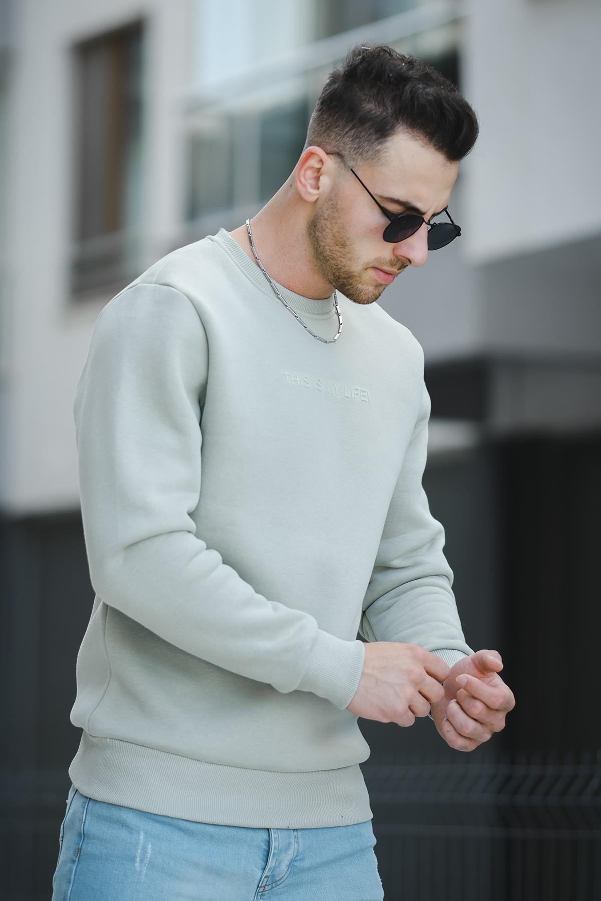 Trc 2737 Üç İplik Şardonlu Kabartma Baskılı Bisiklet Yaka Erkek Sweatshirt
