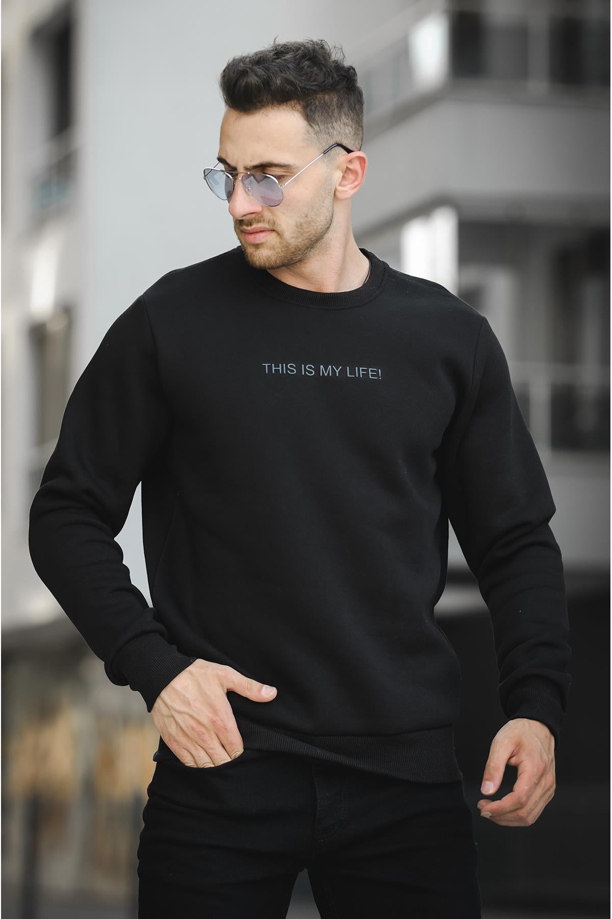 Trc 2737 Üç İplik Şardonlu Kabartma Baskılı Bisiklet Yaka Erkek Sweatshirt