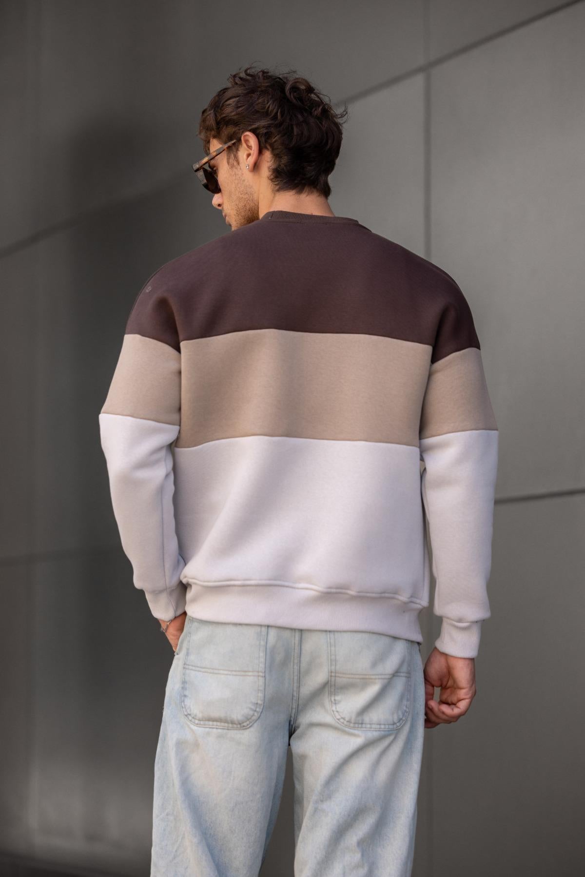 Trc 3244 Üç İplik Pamuklu Parçalı Bisiklet Yaka Erkek Sweatshirt