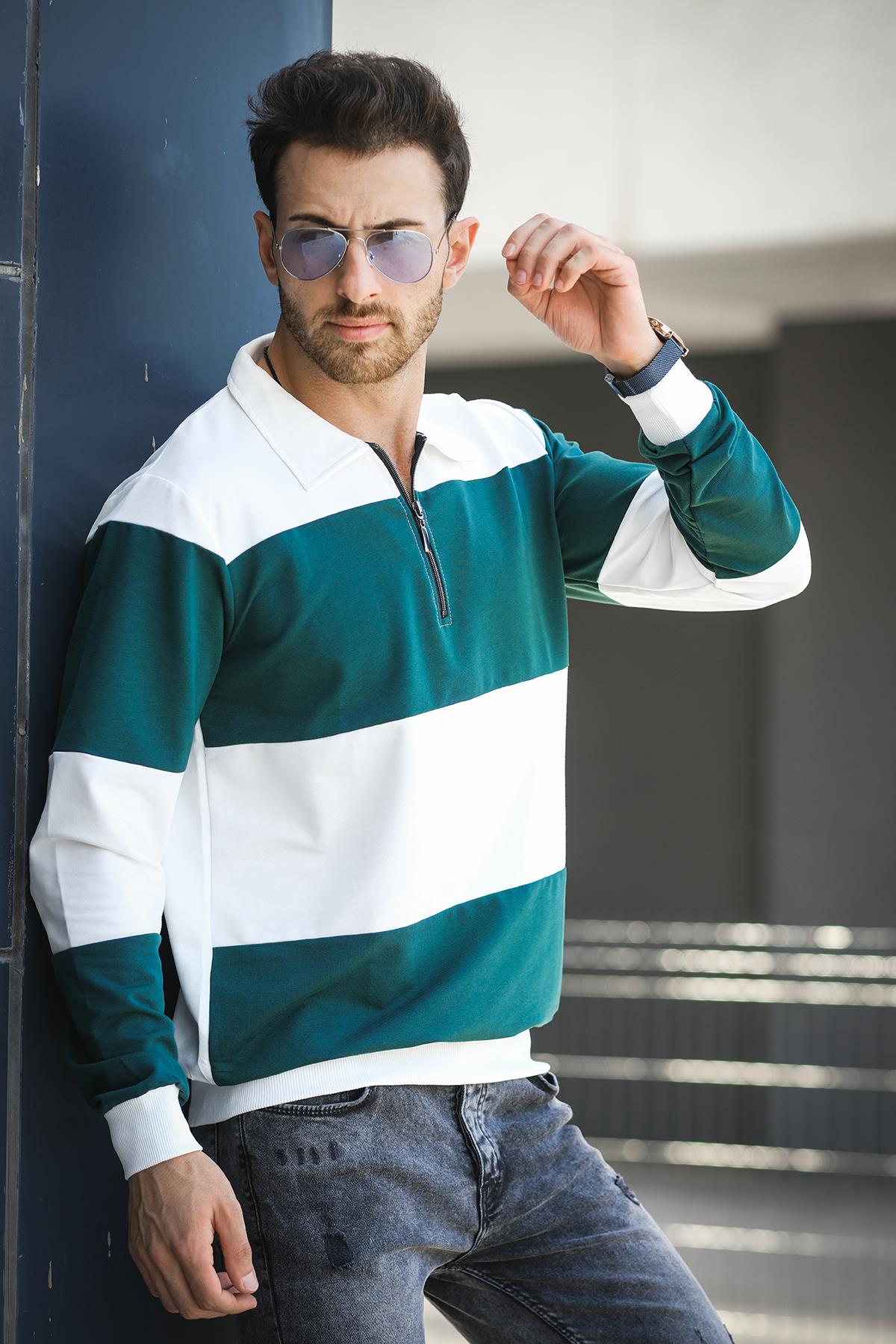 Yaounde Çift Renkli Yarım Fermuarlı Yakalı Erkek Sweatshirt