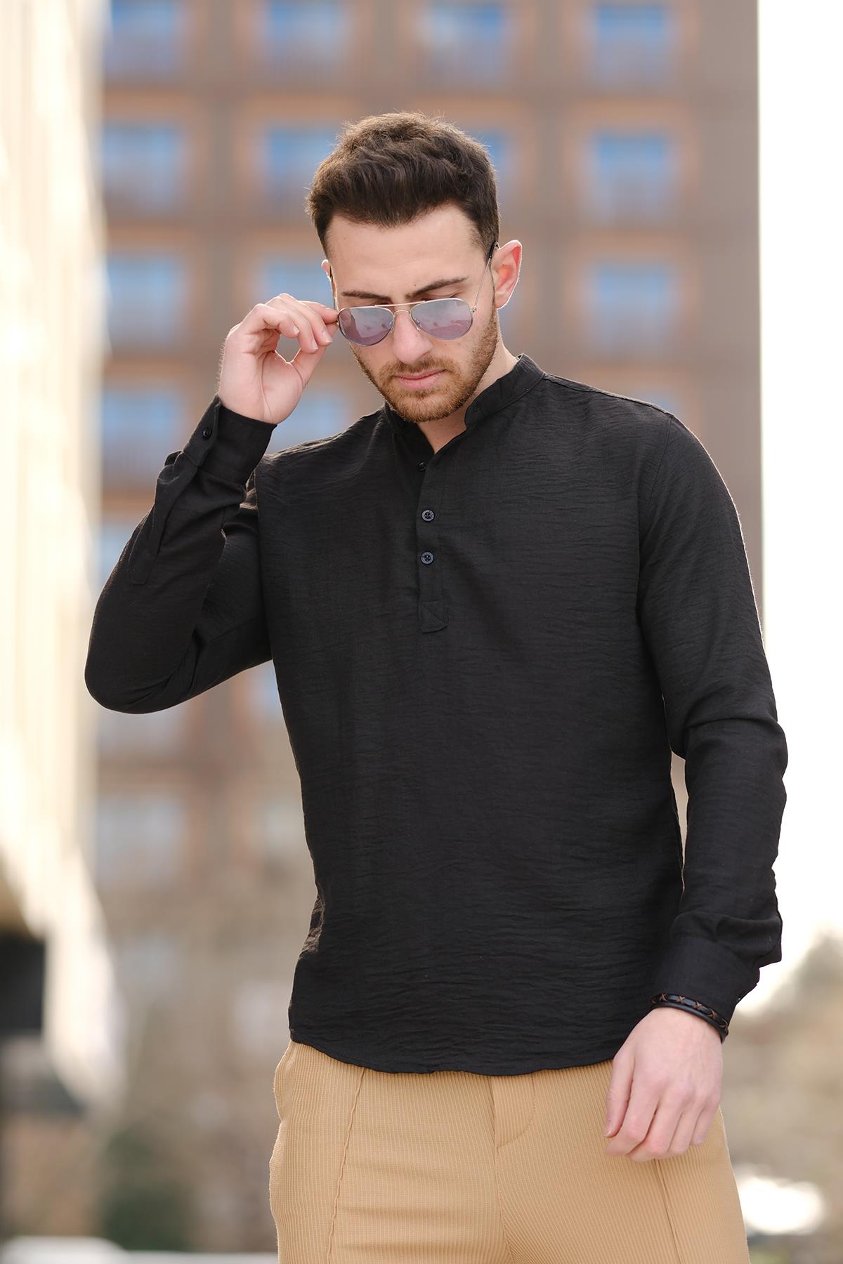 Zareh Slim Fit Kırınkıl Desen Yarım Pat Hakim Yaka Erkek Gömlek