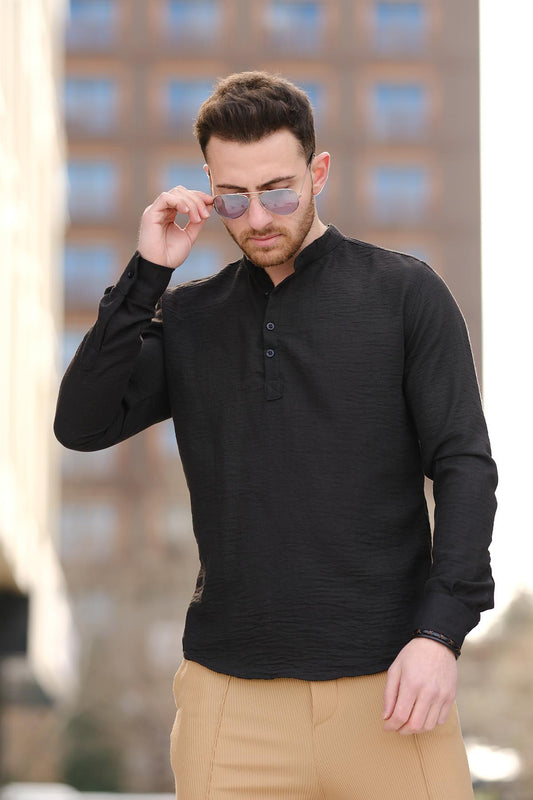 Zareh Slim Fit Kırınkıl Desen Yarım Pat Hakim Yaka Erkek Gömlek
