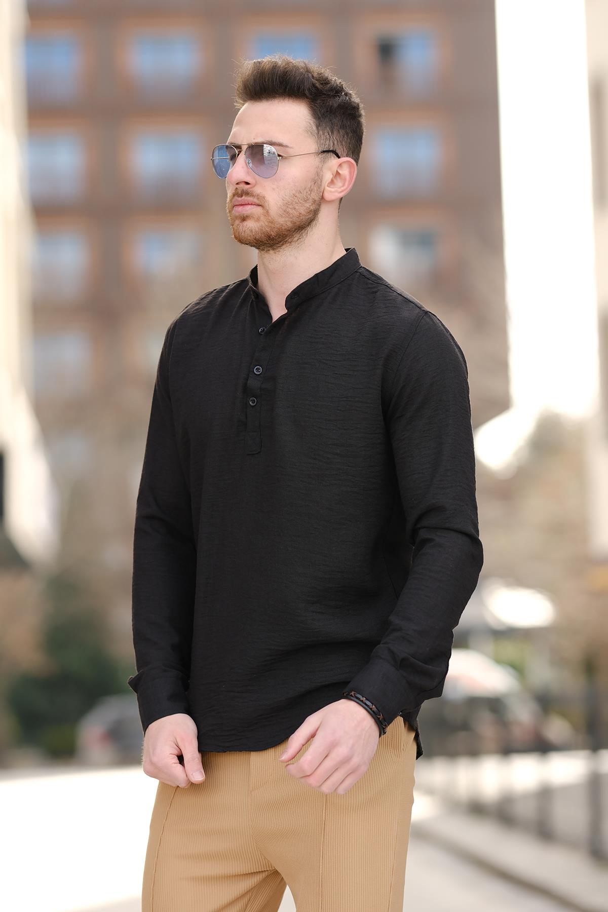 Zareh Slim Fit Kırınkıl Desen Yarım Pat Hakim Yaka Erkek Gömlek