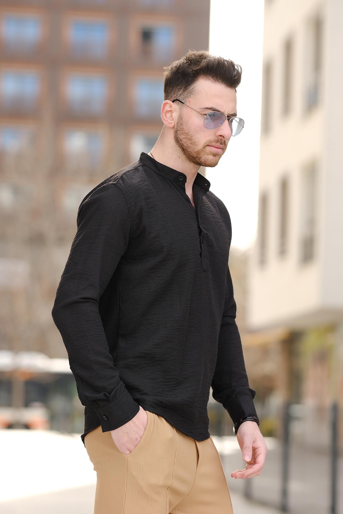Zareh Slim Fit Kırınkıl Desen Yarım Pat Hakim Yaka Erkek Gömlek