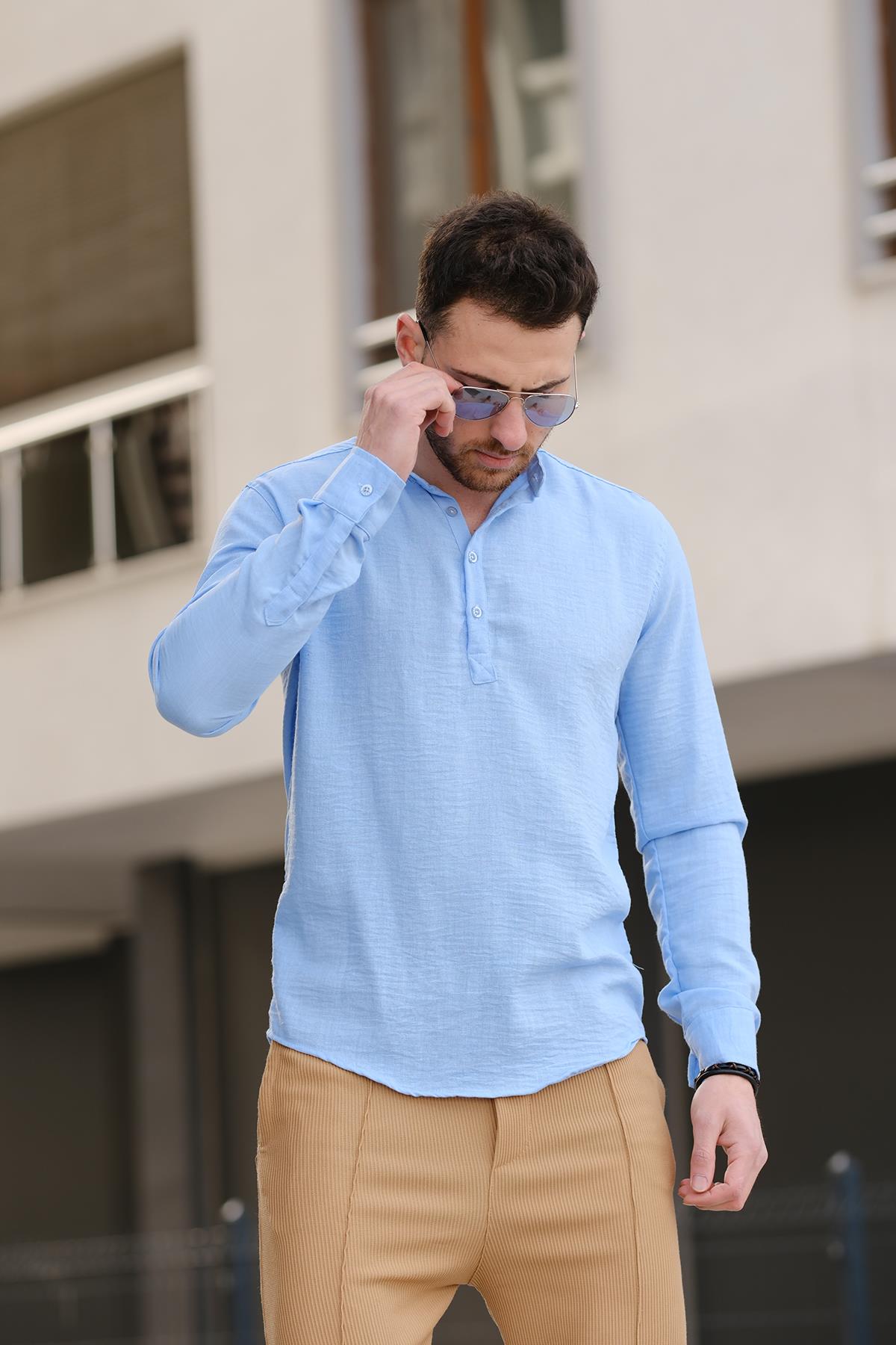 Zareh Slim Fit Kırınkıl Desen Yarım Pat Hakim Yaka Erkek Gömlek