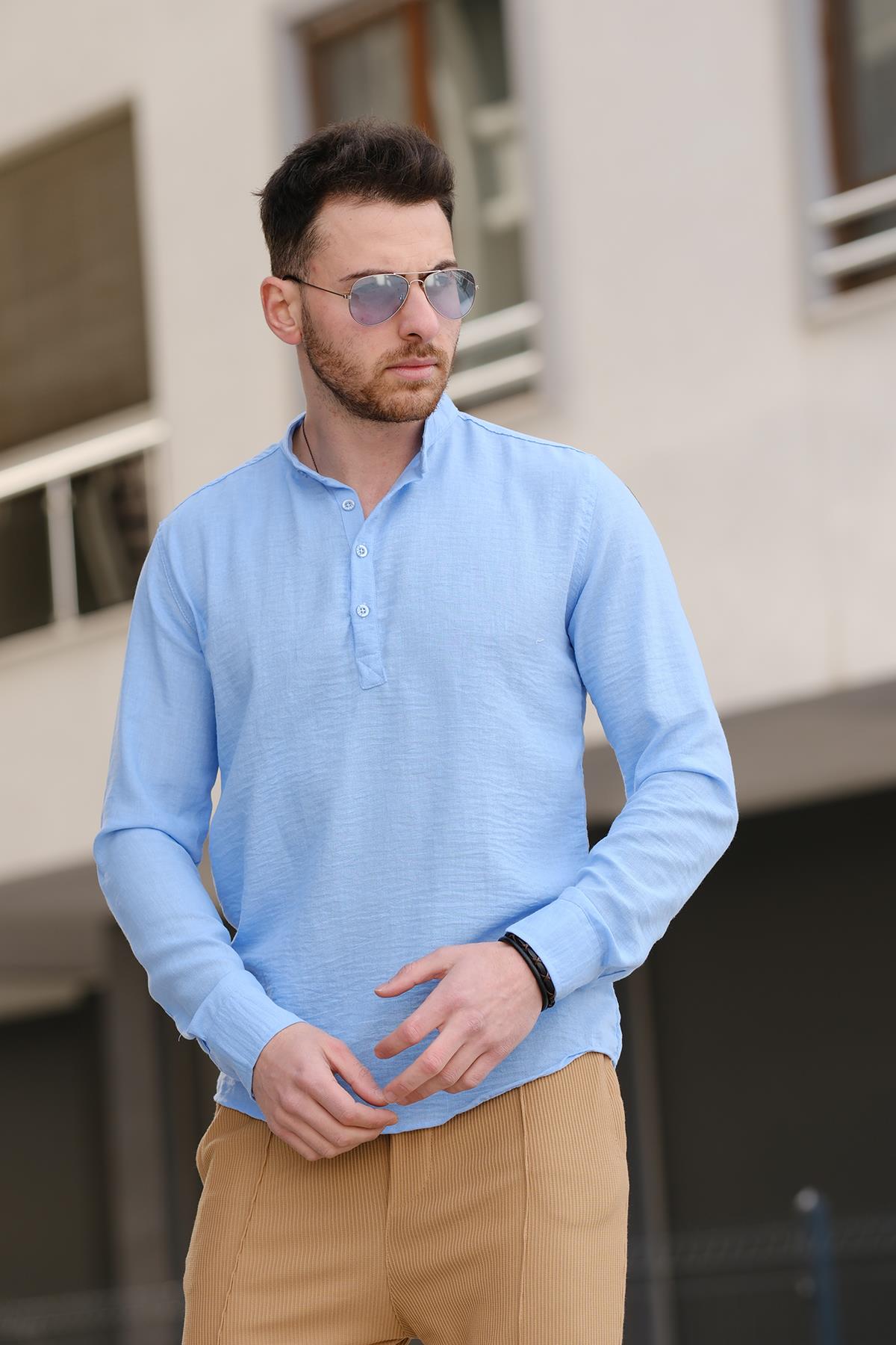 Zareh Slim Fit Kırınkıl Desen Yarım Pat Hakim Yaka Erkek Gömlek