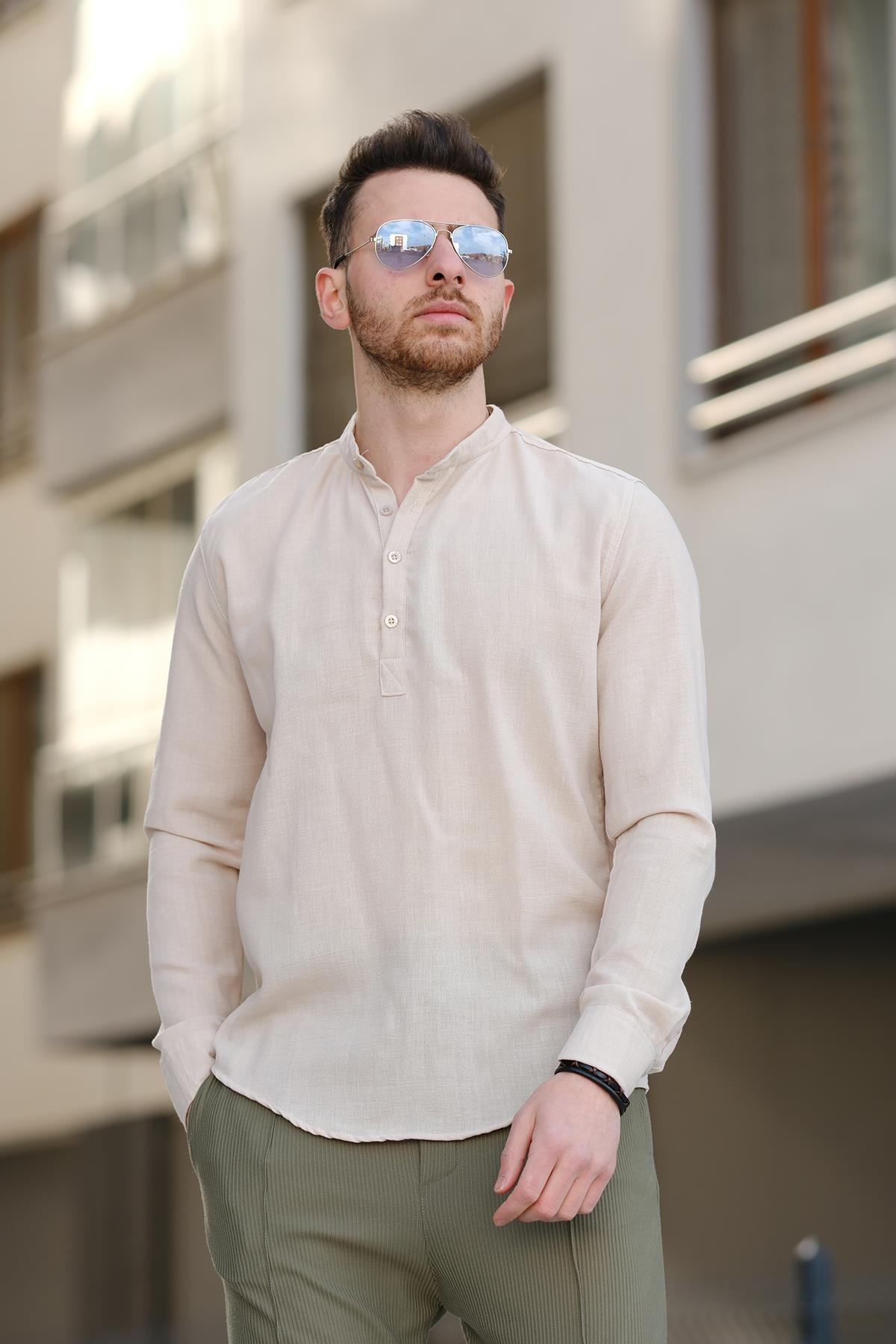 Zareh Slim Fit Kırınkıl Desen Yarım Pat Hakim Yaka Erkek Gömlek
