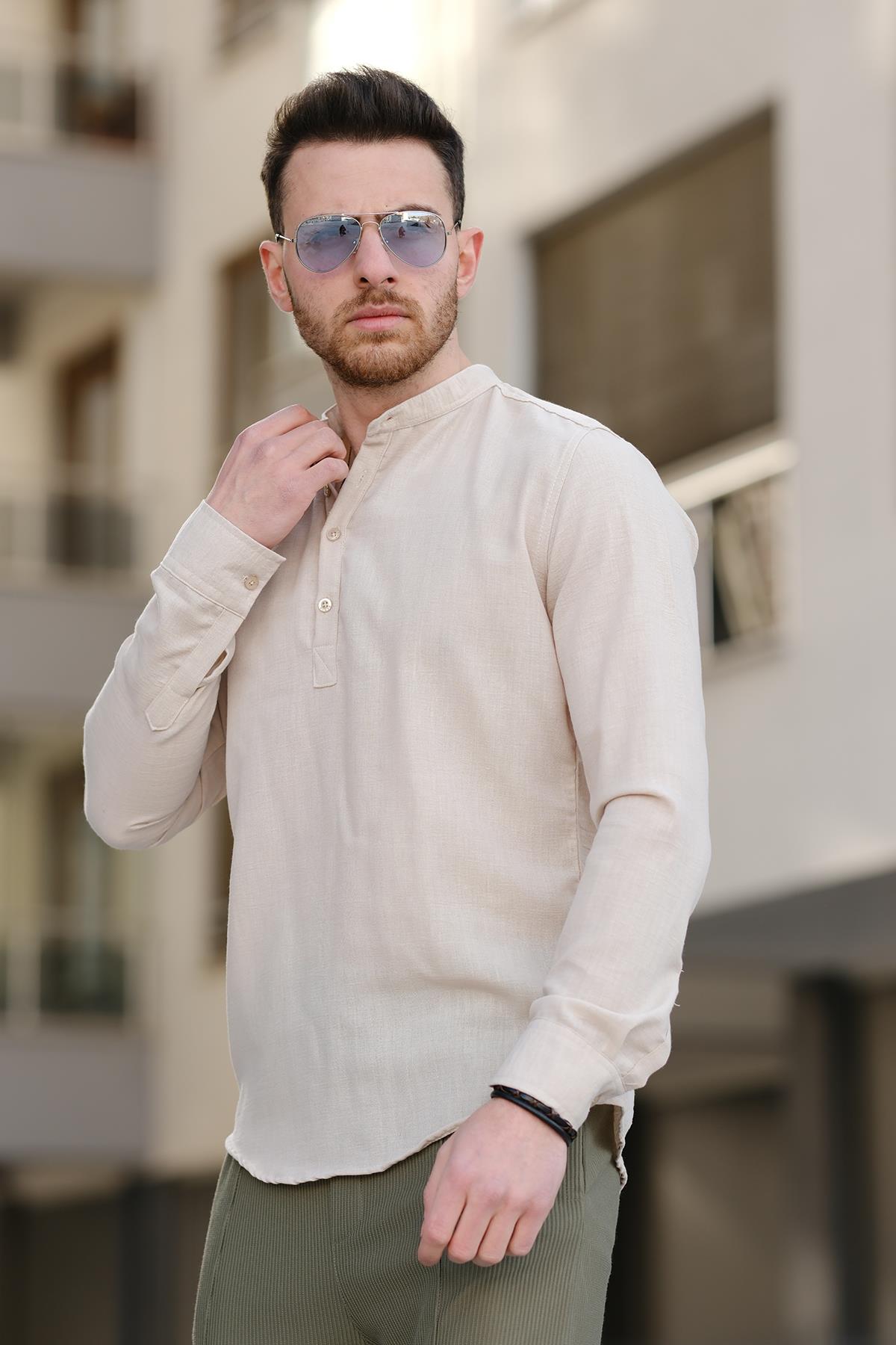 Zareh Slim Fit Kırınkıl Desen Yarım Pat Hakim Yaka Erkek Gömlek