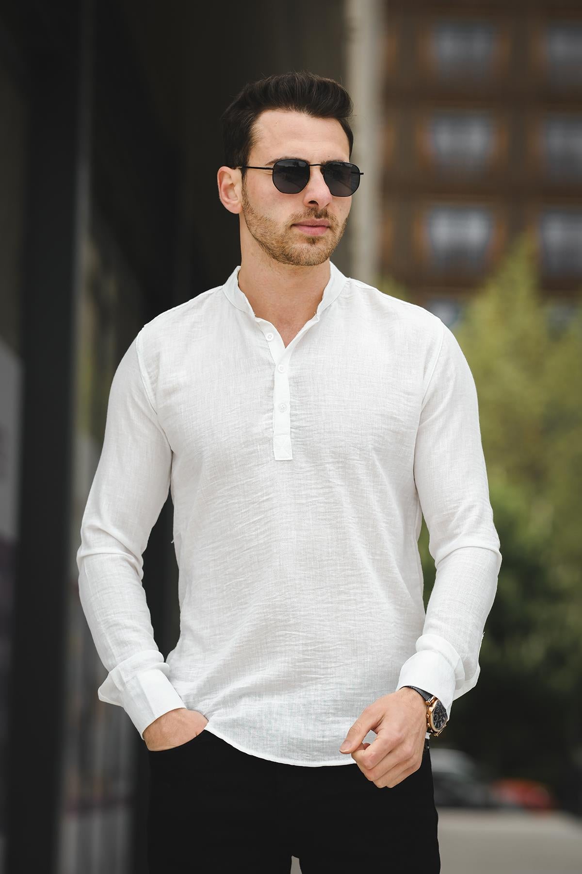 Zareh Slim Fit Kırınkıl Desen Yarım Pat Hakim Yaka Erkek Gömlek