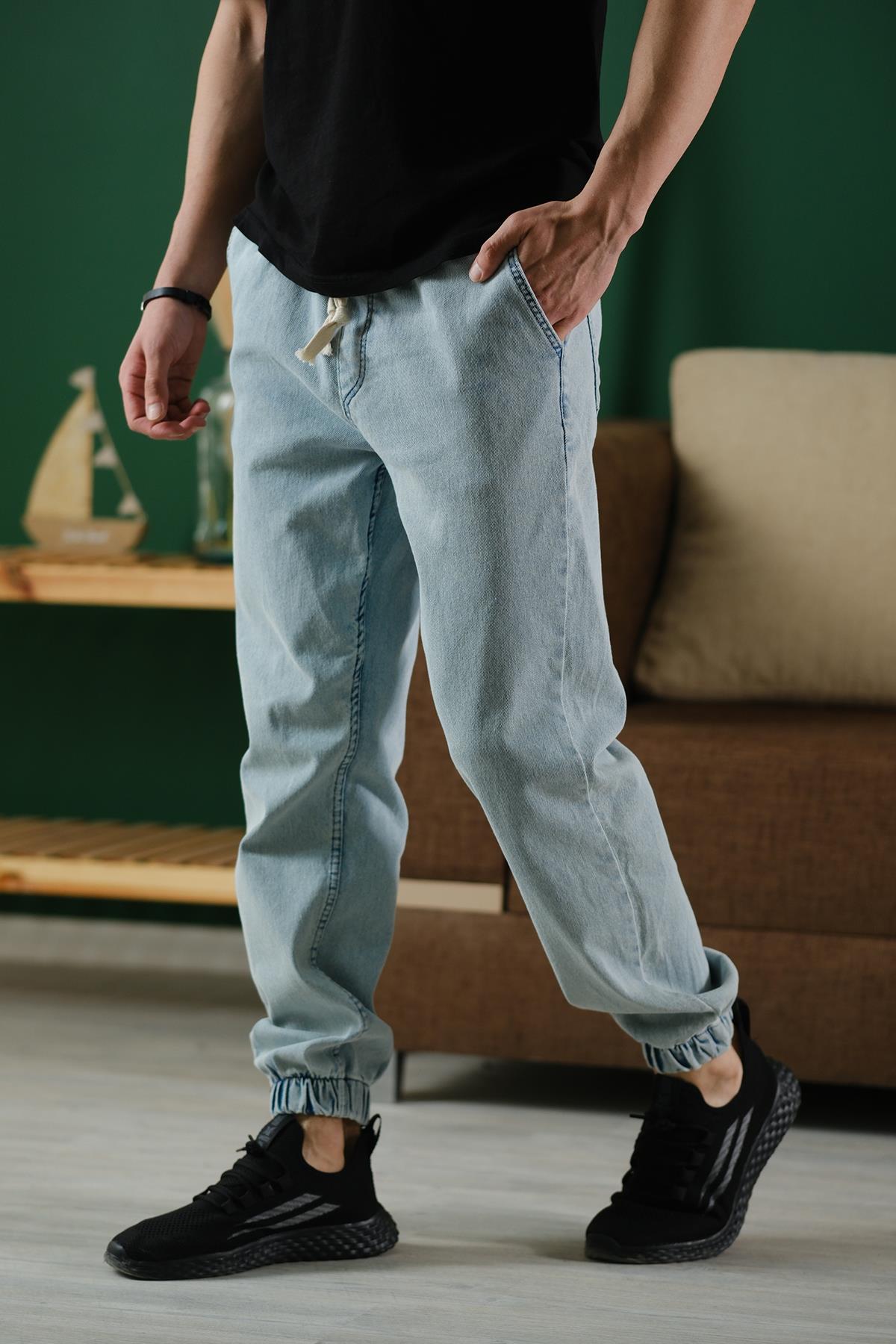 Zessi Paçası ve Beli Lastikli Slim Fit Likralı Kot Jogger Pantolon