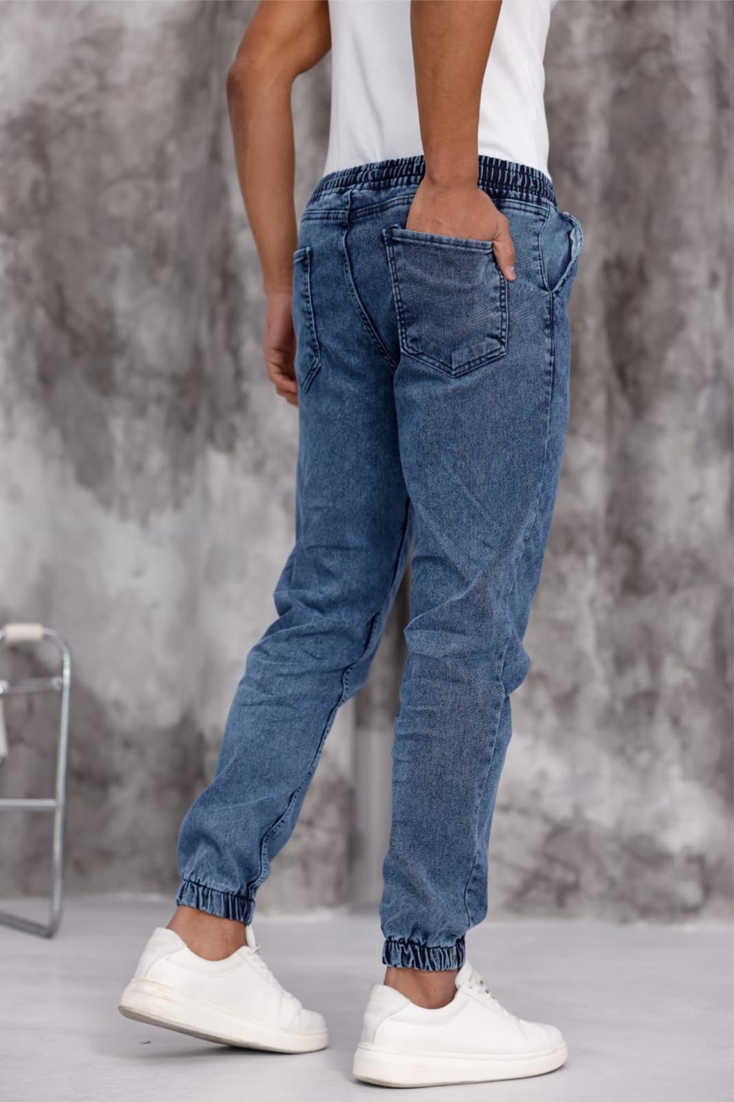 Zessi Paçası ve Beli Lastikli Slim Fit Likralı Kot Jogger Pantolon