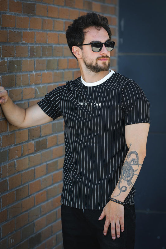 About Baskılı Çizgili Bisiklet Yaka Slim Fit Erkek Tshirt
