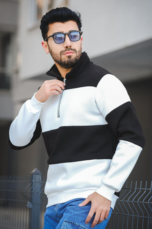 Arman Üç İplik Şardonlu Parçalı Fermuarlı Dik Yaka Slim Fit Erkek Sweatshirt