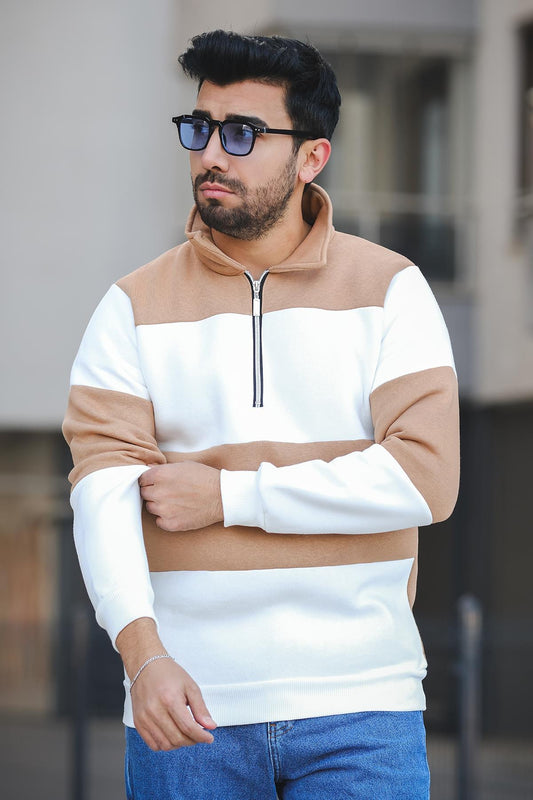 Arman Üç İplik Şardonlu Parçalı Fermuarlı Dik Yaka Slim Fit Erkek Sweatshirt