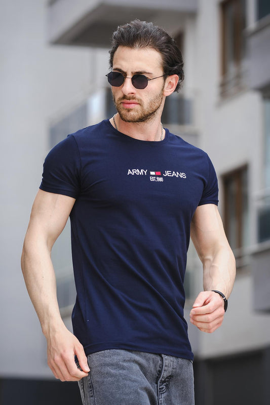 Army Nakışlı Slim Fit Dar Kesim Likralı Erkek Tshirt