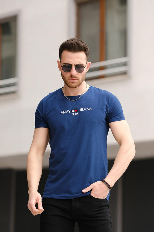 Army Nakışlı Slim Fit Dar Kesim Likralı Erkek Tshirt