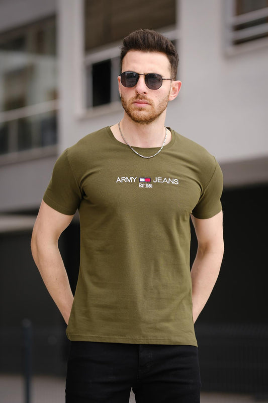 Army Nakışlı Slim Fit Dar Kesim Likralı Erkek Tshirt