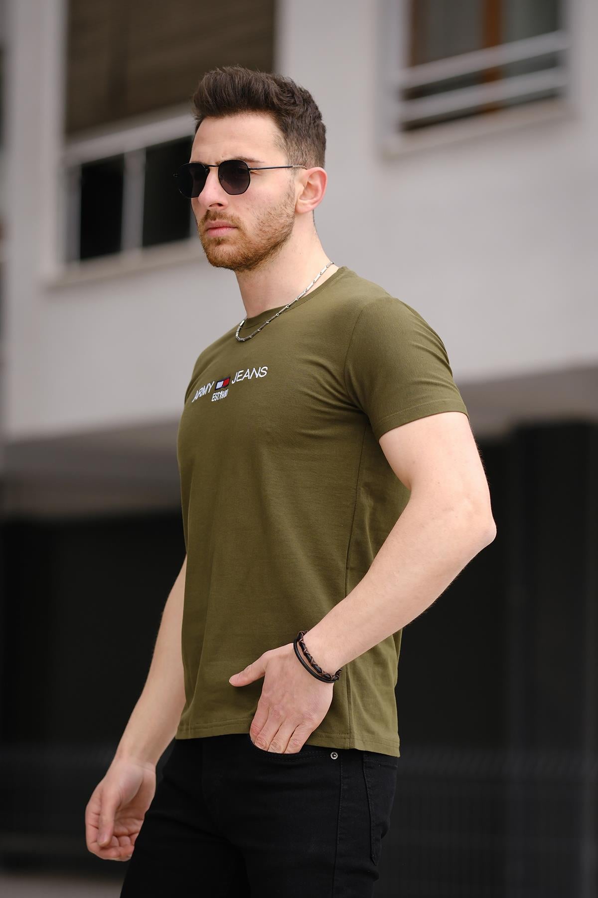 Army Nakışlı Slim Fit Dar Kesim Likralı Erkek Tshirt