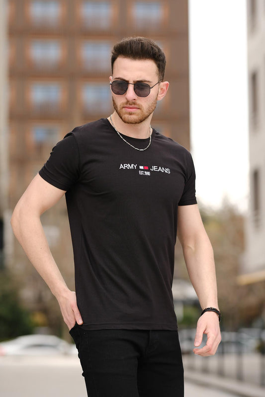 Army Nakışlı Slim Fit Dar Kesim Likralı Erkek Tshirt