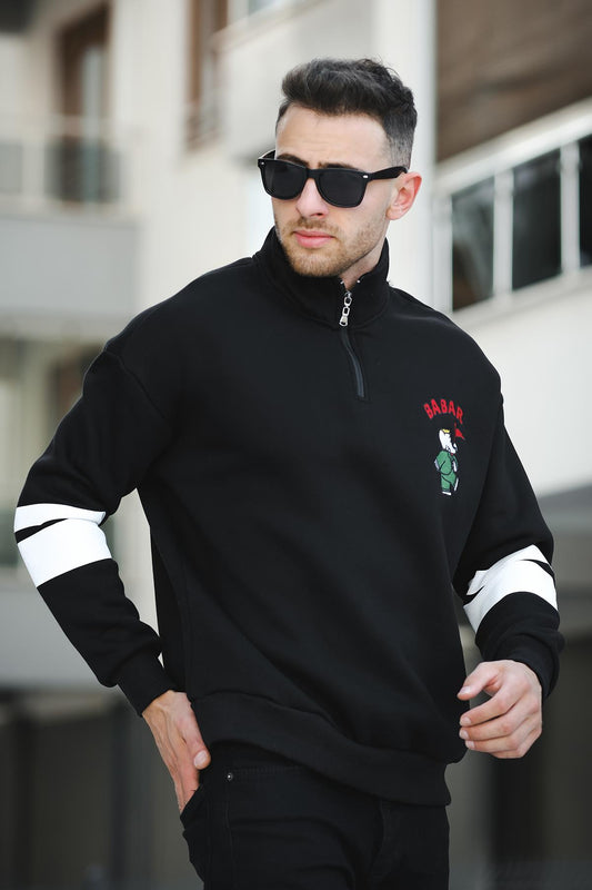 Babar Üç İplik Şardonlu Nakışlı Fermuarlı Dik Yaka Oversize Erkek Sweatshirt