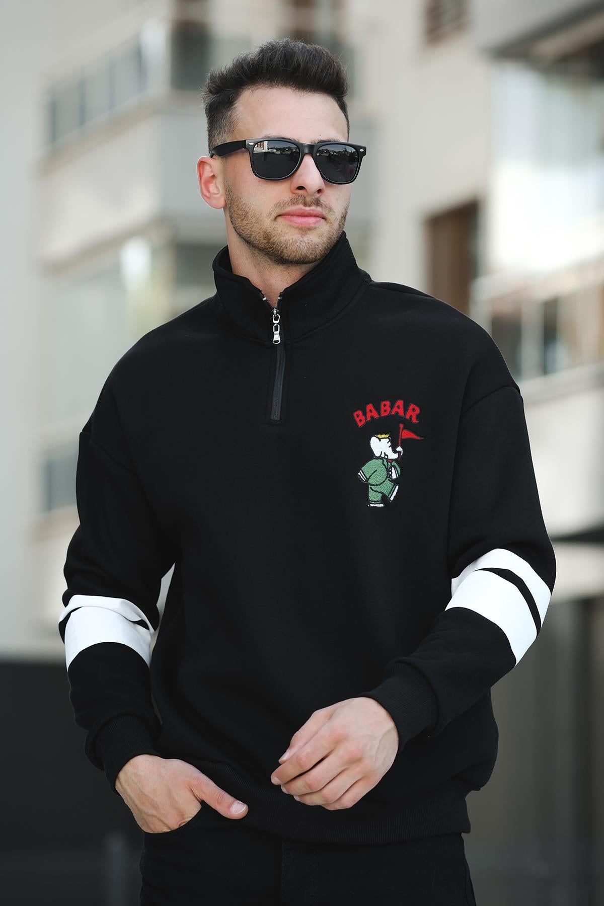 Babar Üç İplik Şardonlu Nakışlı Fermuarlı Dik Yaka Oversize Erkek Sweatshirt