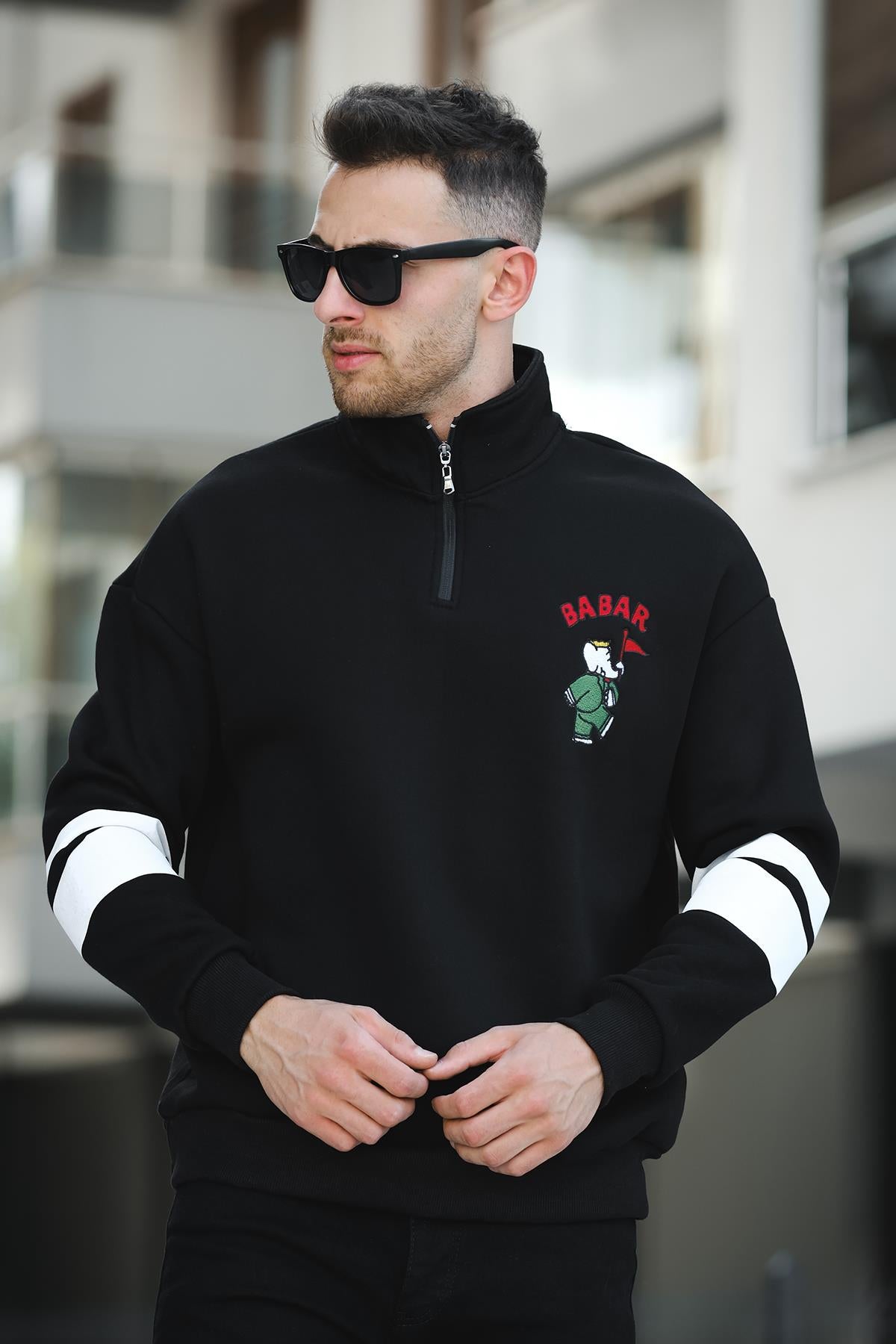 Babar Üç İplik Şardonlu Nakışlı Fermuarlı Dik Yaka Oversize Erkek Sweatshirt