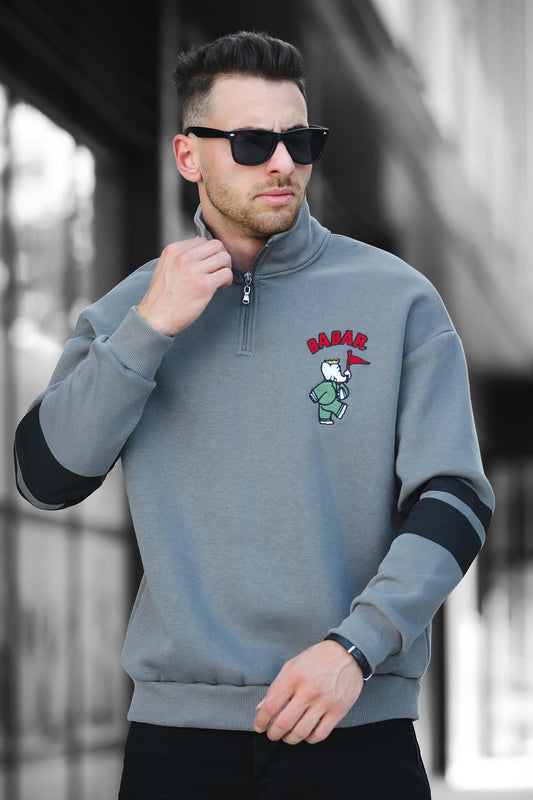 Babar Üç İplik Şardonlu Nakışlı Fermuarlı Dik Yaka Oversize Erkek Sweatshirt