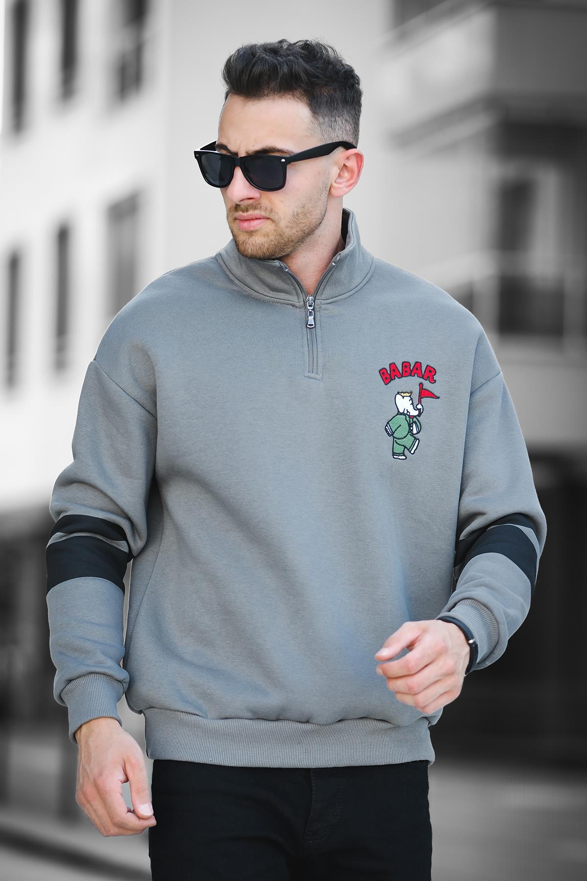 Babar Üç İplik Şardonlu Nakışlı Fermuarlı Dik Yaka Oversize Erkek Sweatshirt