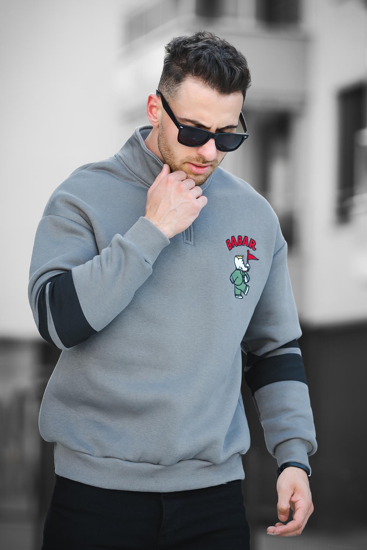 Babar Üç İplik Şardonlu Nakışlı Fermuarlı Dik Yaka Oversize Erkek Sweatshirt