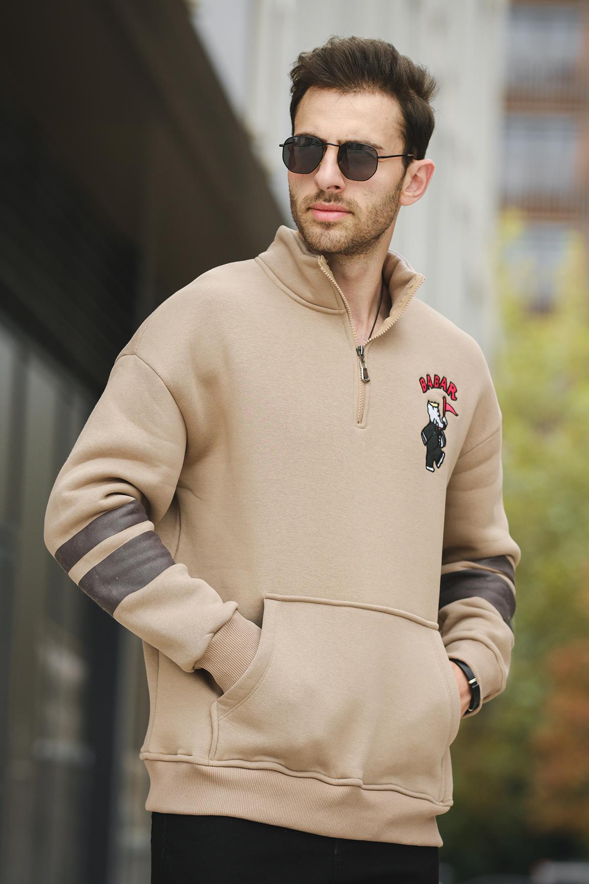 Babar Üç İplik Şardonlu Nakışlı Fermuarlı Dik Yaka Oversize Erkek Sweatshirt