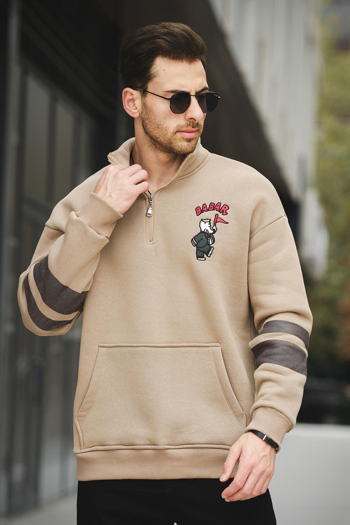 Babar Üç İplik Şardonlu Nakışlı Fermuarlı Dik Yaka Oversize Erkek Sweatshirt